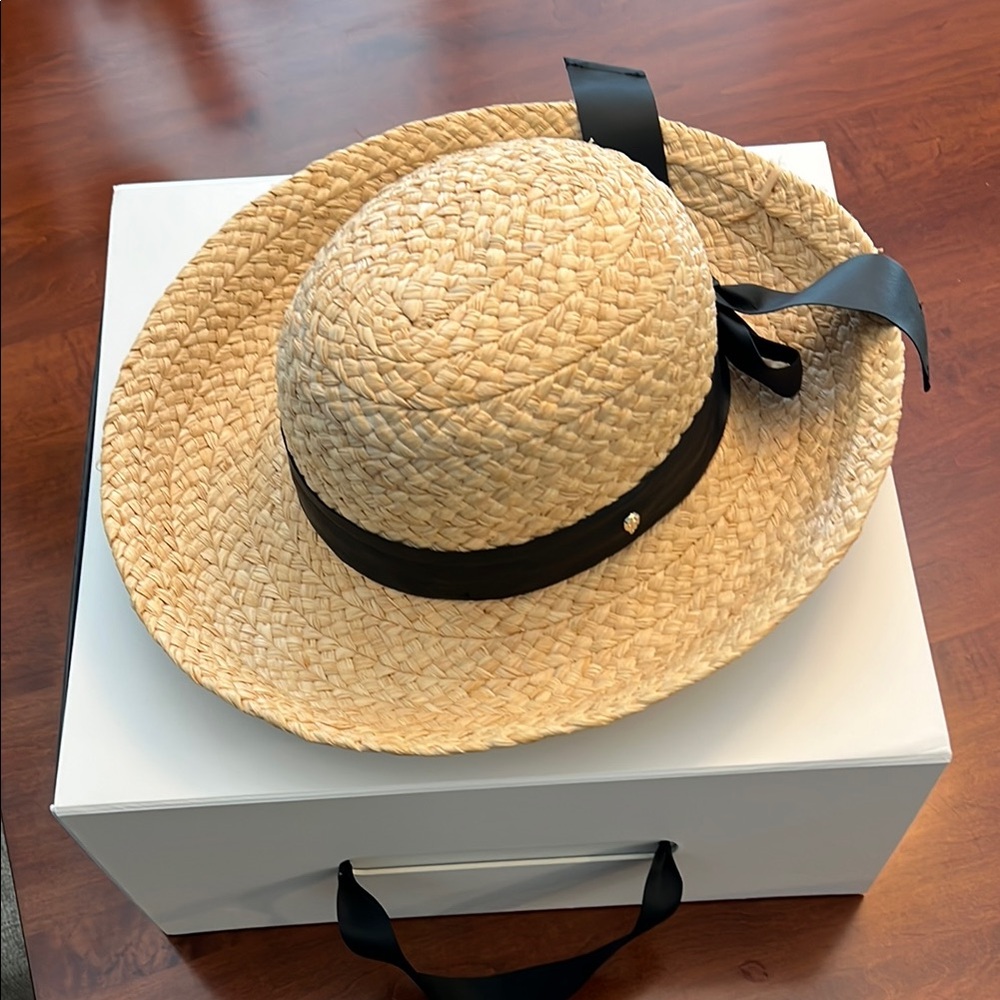 Helen Kaminski Tan Straw Hat with Black Ribbon